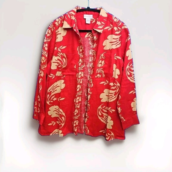 Soft Surroundings Tops - Soft Surroundings Red 100% Linen Blouse Women Med Coastal Island Resort  16C